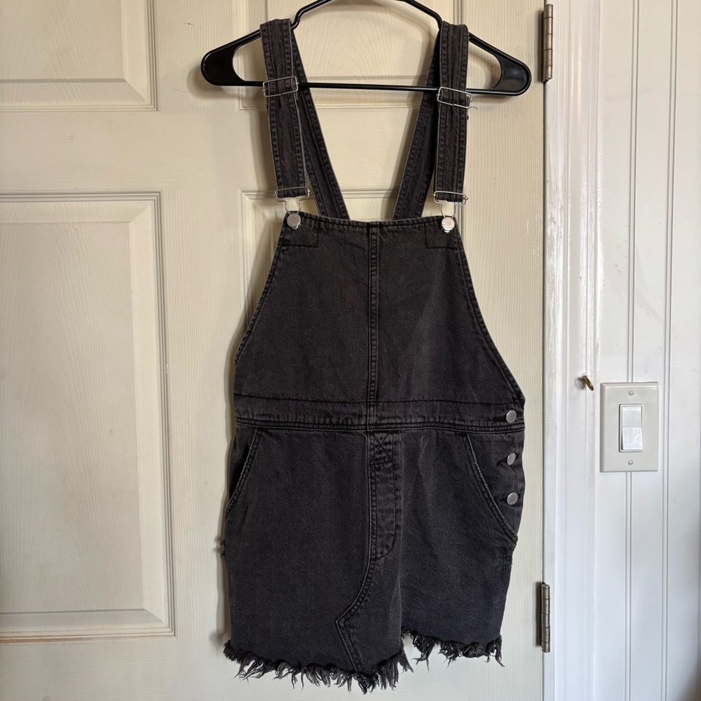 Free People Torn Up Overall Mini Dress Jumper Jean Denim Frayed Cutoff hem - Picture 2 of 14